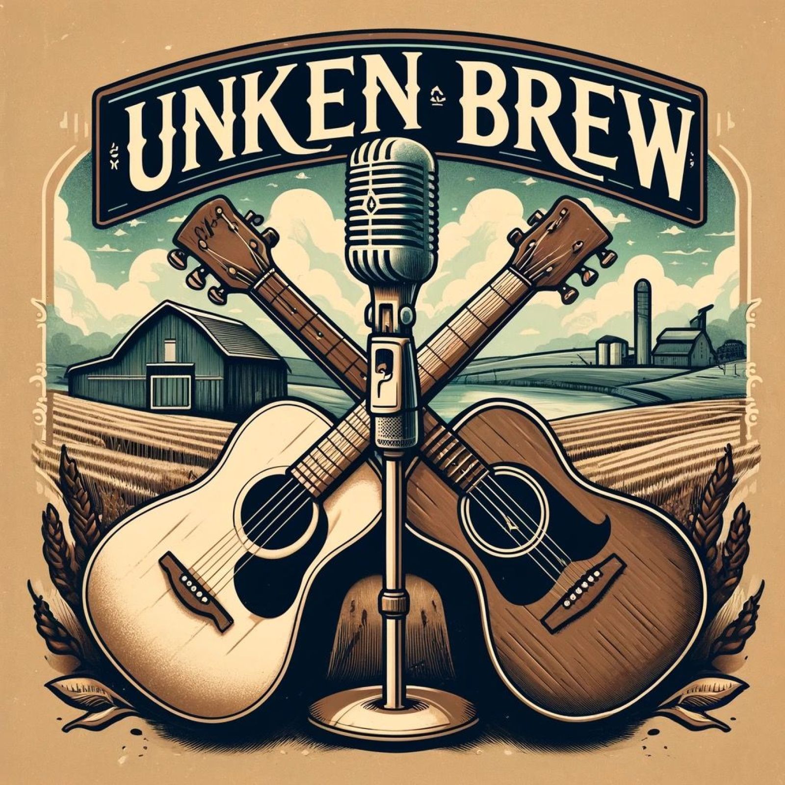 UNKEN BREW, two guitars and a microphone with a farm in the background
